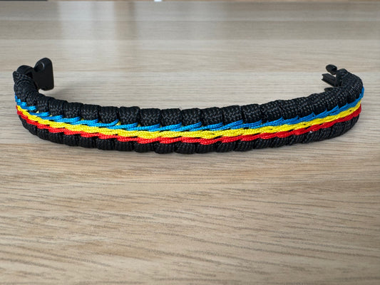 Handmade Paracord Bracelet - Black with Red,Yellow & Blue Detail | Bold & Fuctional