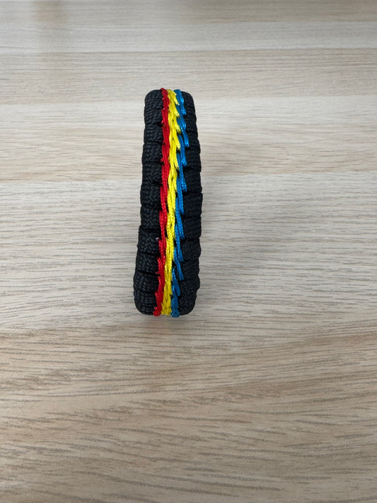 Handmade Paracord Bracelet - Black with Red,Yellow & Blue Detail | Bold & Fuctional
